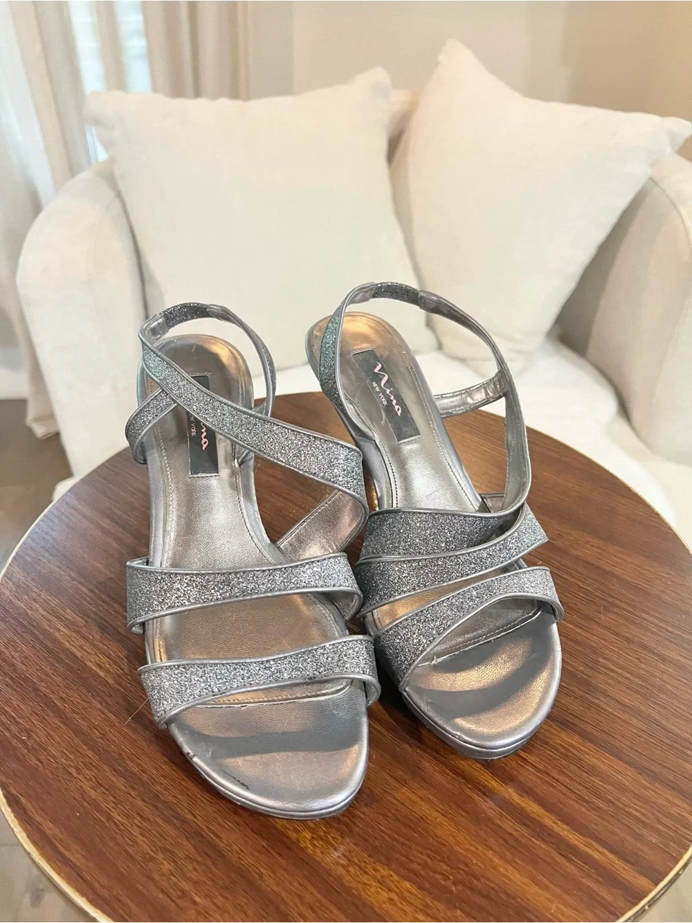 Nina Silver Glitter Strappy Sandals, very good condition, size 9